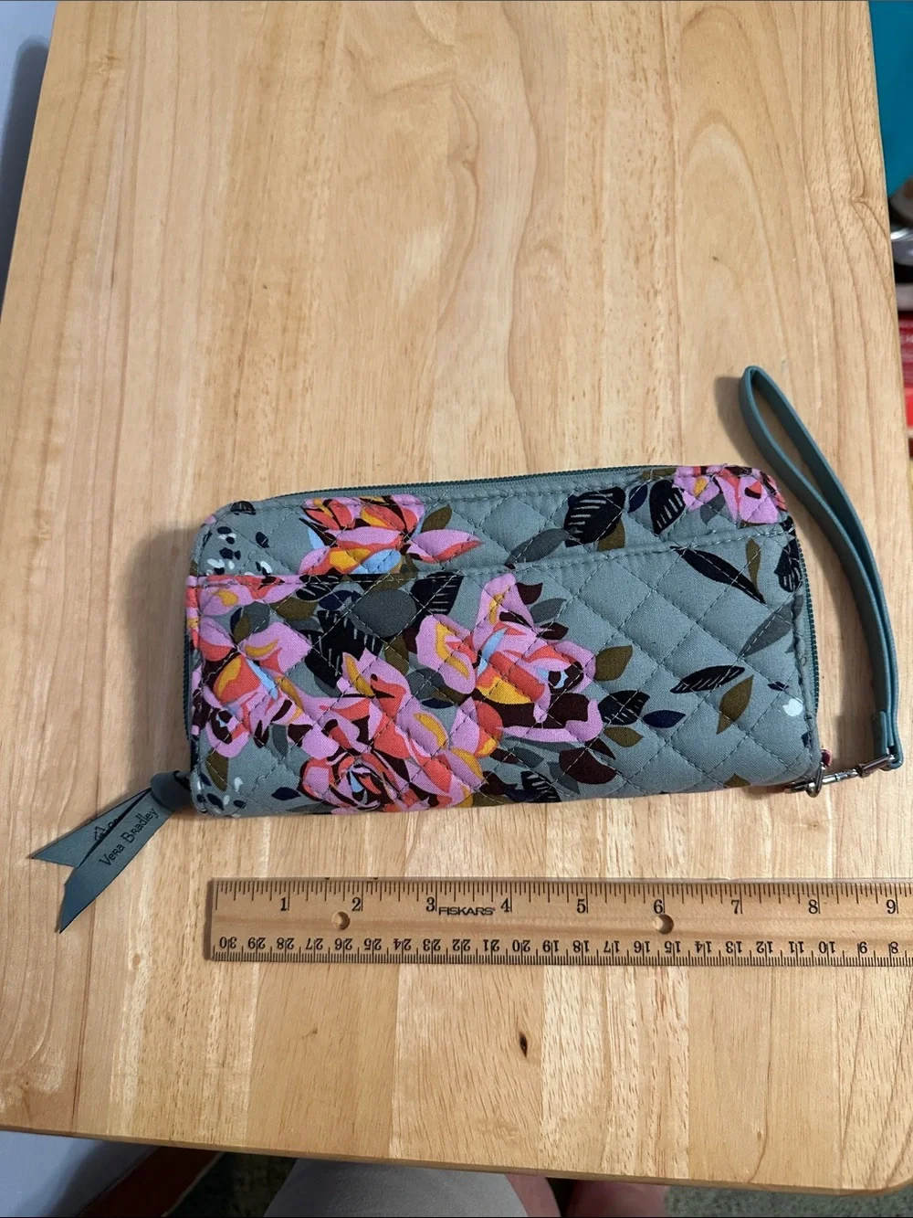 Vera Bradley Teal Quilted Floral Wristlet with Pink and Orange Accents